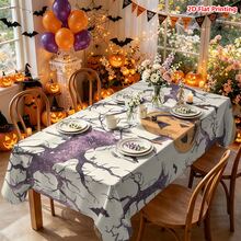 1/2件裝萬聖節桌布，萬聖節主題聚酯纖維桌布，橘色南瓜燈籠、紫色枯樹與蝙蝠圖案，復古手繪風格，適用於餐桌、餐廳、廚房、咖啡桌、野餐、露營、鄉村農舍裝飾與節日桌面布置 - 彩色 - 查看 4