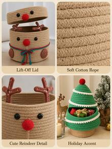 Cute Christmas Knitted Storage Basket, Reindeer Christmas Tree Shaped Cotton Rope Storage Box, Holiday Desktop Candy Gift Storage Rack, Suitable For Holiday Home Decor And Children's Room - Multicolor - View 8