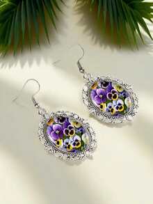 Pendientes colgantes ovalados vintage con flores azul y blanco, pendientes colgantes de filigrana floral de plata antigua, joyería de declaración elegante de esmalte para mujeres - Multicolor - Ver 3