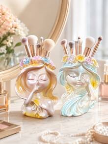 1pc Cute Girl Makeup Brush Holder, Resin Flower Crown Cosmetic Organizer, Kawaii Vanity Storage Cup For Makeup Brushes, Lipstick And Beauty Tools, Dresser, Bedroom, Bathroom Countertop, Desk Decor, Aesthetic Room Decor, Gift For Women And Girls - View 3