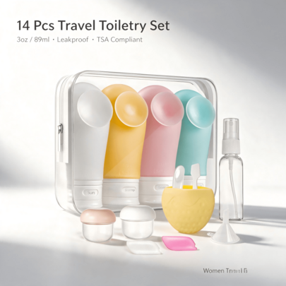 14Pcs 3oz/89ml TSA Approved Travel Toiletry Bottle Set, Leakproof Refillable Containers With Suction Cup, Portable Travel Cosmetic Accessories For Women Travel Essentials