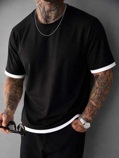 Camiseta de manga corta FRACTYR para hombre con cuello redondo, ribete de contraste en negro y blanco, diseño 2 en 1 de capas falsas, ajuste holgado casual, camiseta versátil de moda