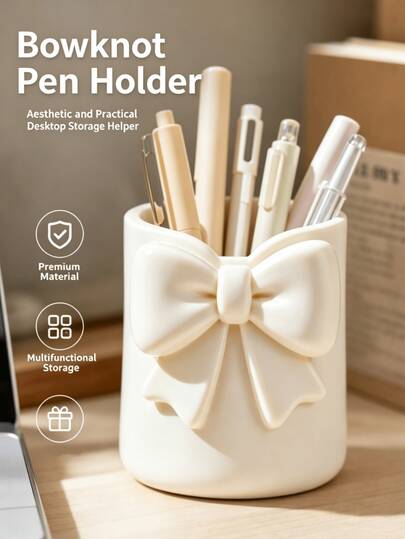 Bowknot Round Pen Holder, 3D Printed Multifunctional Storage Bucket, Home Storage Desk Stationery Makeup Vanity Organizer, Makeup Brush, Eyebrow Pencil, Lipstick And Other Cosmetics Storage, Student Stationery Organizer, Ballpoint Pen, Fountain Pen, Multifunctional Storage Box, Cute Pen Holder, Student Gift, Birthday Gift, Back To School Season Goodies, Back To School