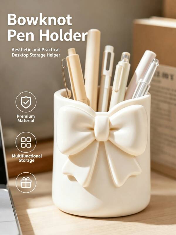 Bowknot Round Pen Holder, 3D Printed Multifunctional Storage Bucket, Home Storage Desk Stationery Makeup Vanity Organizer, Makeup Brush, Eyebrow Pencil, Lipstick And Other Cosmetics Storage, Student Stationery Organizer, Ballpoint Pen, Fountain Pen, Multifunctional Storage Box, Cute Pen Holder, Student Gift, Birthday Gift, Back To School Season Goodies, Back To School