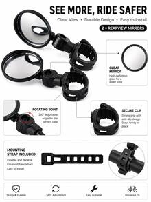 3-Piece Bicycle Handlebar Accessories, 360° Rotating Rearview Mirror, 360° Rotating Bicycle Rearview Mirror & Double Hook Set, Adjustable Handlebar Rearview Mirror With Storage Hook, Suitable For Bicycle, Electric Bicycle, Scooter, Cycling And Outdoor Accessories - Multicolor - View 1