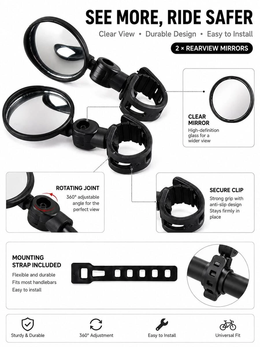 3-Piece Bicycle Handlebar Accessories, 360° Rotating Rearview Mirror, 360° Rotating Bicycle Rearview Mirror & Double Hook Set, Adjustable Handlebar Rearview Mirror With Storage Hook, Suitable For Bicycle, Electric Bicycle, Scooter, Cycling And Outdoor Accessories - Multicolor - View 1