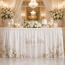 Mr And Mrs Wedding Table Skirt With White Floral Print, Elegant Polyester Table Cover For Wedding Reception, Bridal Shower, Sweetheart Table, Dessert Table Decoration And Romantic Event Decor - A - View 4
