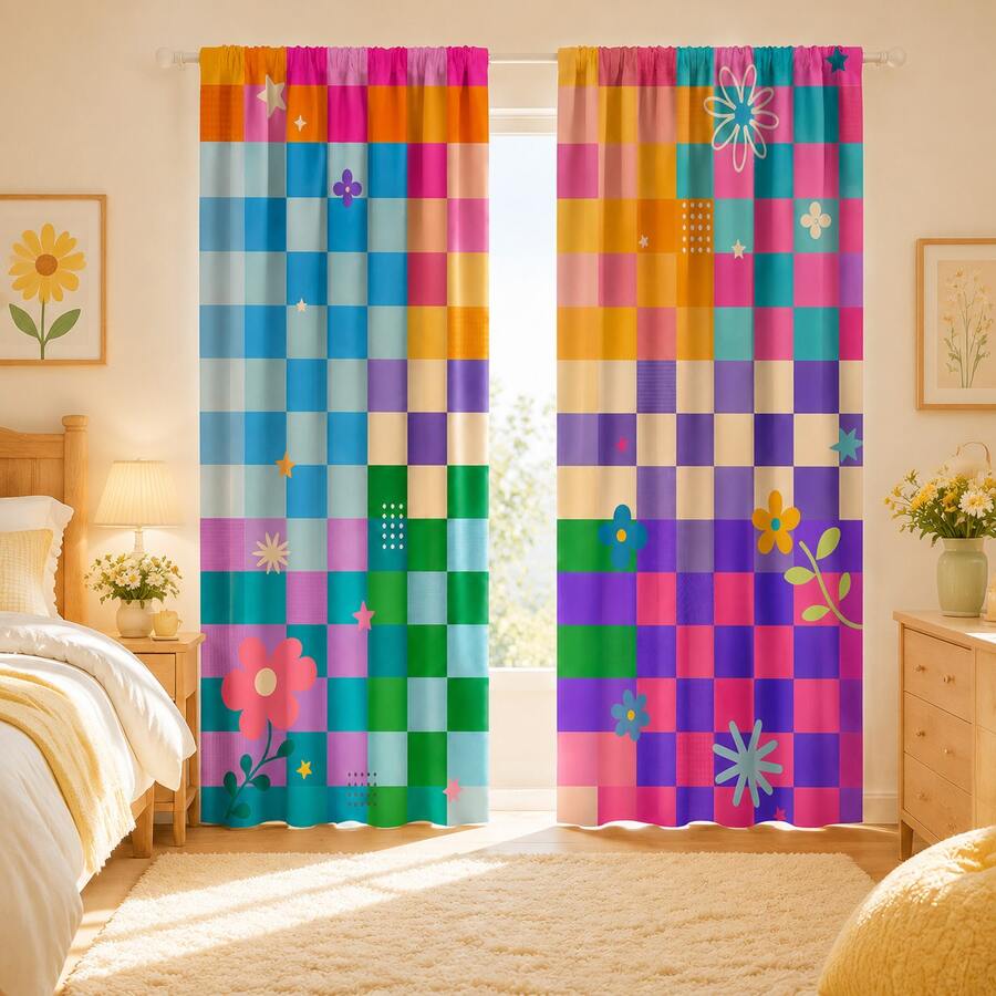 2PCS Colorful Plaids And Small Flowers Print Light Sheer Curtains, 90GSM Semi-Sheer For Privacy Protection. Easy Rod Pocket Installation, Fade-Resistant After Washing, Lightweight And Washable. Ideal For Home, Room And Kitchen Decor & Space Dividers. - Multicolor - View 1