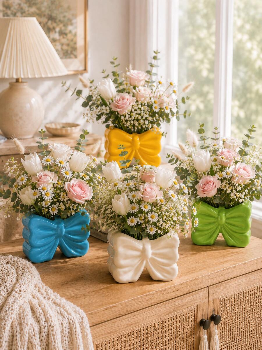 1pc Oversized Bow Decor Vase, Cute Ribbon Design Vase, Suitable For Home Decor, Living Room Tabletop, Bedroom Shelf And Gift Display - 1PC - View 1