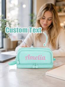 Personalized Name Pencil Case, Custom Text Large Capacity Double Layer Pen Pouch With Multiple Compartments And Carry Handle, Portable Stationery Organizer And Cosmetic Storage Bag For Women, College, Office, Travel, Birthday And Back To School Gift - Multicolor - View 2