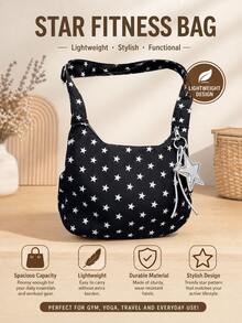Black Background White Star Print One Shoulder Gym Bag, Lightweight And Easy To Carry For Daily Use, Can Store Toiletries, Sports Apparel And Other Fitness Gear, Paired With Star Pendant For An Exquisite And Eye-Catching Look, Versatile Style Suitable For Gym Workouts, Yoga Practice, Short Trips And Daily Shopping - Multicolor - View 3