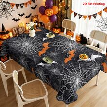 1/2pcs Halloween Tablecloth, Halloween Theme Polyester Fabric Tablecloth With Orange & White Bat Spider Web Pattern, Black Textured Background, Suitable For Dining Table, Coffee Table, Kitchen, Picnic, Camping, Country Farmhouse Decor, Holiday Tabletop Protection - Multicolor - View 11