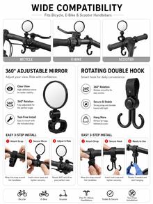 3-Piece Bicycle Handlebar Accessories, 360° Rotating Rearview Mirror, 360° Rotating Bicycle Rearview Mirror & Double Hook Set, Adjustable Handlebar Rearview Mirror With Storage Hook, Suitable For Bicycle, Electric Bicycle, Scooter, Cycling And Outdoor Accessories - Multicolor - View 3