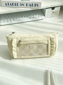 Cute Plaid Ruffled Pencil Case, Star Pendant Double Zipper Stationery Storage Bag, Large Capacity Transparent Window Pencil Pouch, Suitable For Back To School, Holidays, Travel, Soft Fabric Portable Makeup Organizer, Student Gift, Back To School Supplies - A - View 9