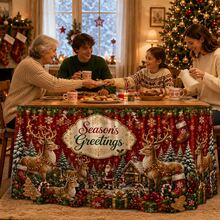 Christmas Tablecloth, Reindeer Forest Gift Print, Rustic Farmhouse Style Holiday Polyester Tablecloth, Suitable For Christmas Party, Dining Table Decor, Family Dinner And Winter Home Decor - A - View 6