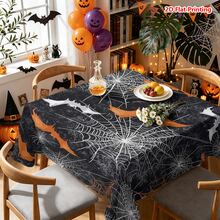 1/2pcs Halloween Tablecloth, Halloween Theme Polyester Fabric Tablecloth With Orange & White Bat Spider Web Pattern, Black Textured Background, Suitable For Dining Table, Coffee Table, Kitchen, Picnic, Camping, Country Farmhouse Decor, Holiday Tabletop Protection - Multicolor - View 15