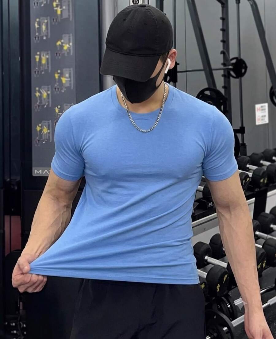 Men's Plain Short Sleeve T-Shirt With Elastane Visco Lycra Mesh - 淺藍色 - 查看 1