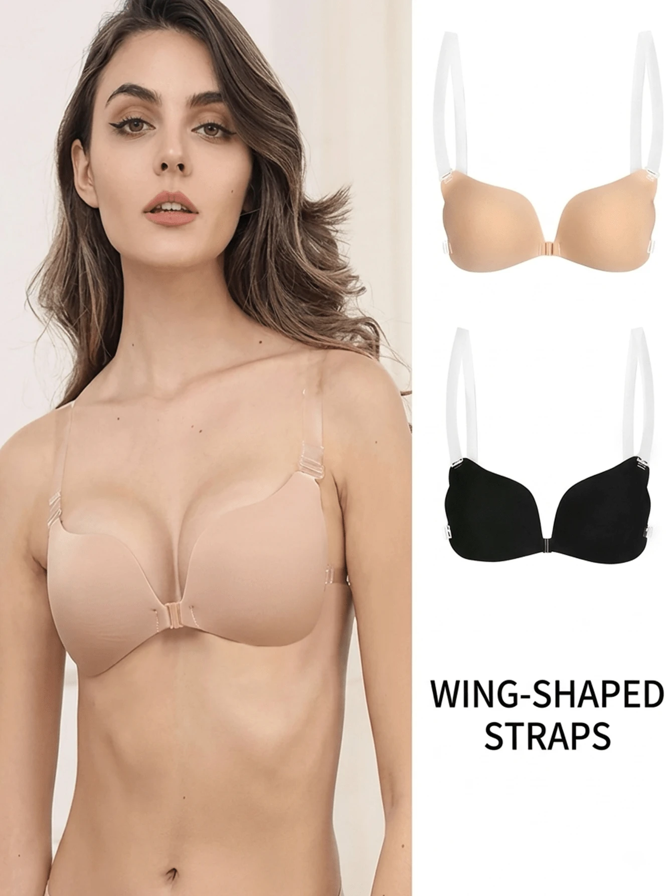 Invisible Adhesive Bra, Transparent Shoulder Straps, Front Buckle Deep V Push-Up, Strapless Backless, Suitable For Wedding Evening Dress, Seamless Self-Adhesive Bra - Multicolor - View 1