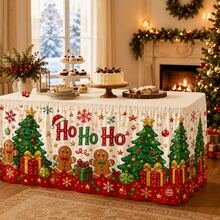 Cute Christmas Tablecloth With Ho Ho Ho Lettering, Cartoon Christmas Tree Gingerbread Gift Print Polyester Fabric, Suitable For Children's Holiday Party, Family Gathering, Classroom Decoration And Christmas Dessert Table - A - View 3