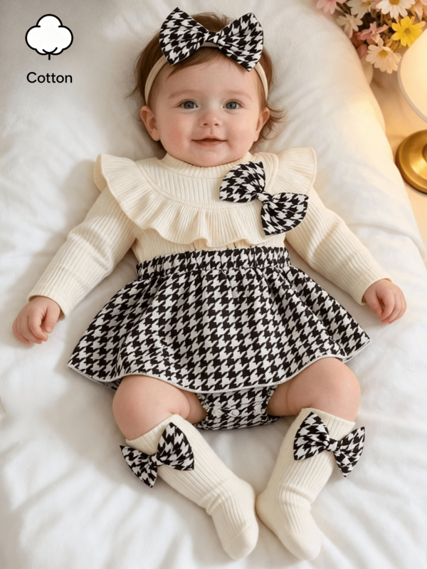 3pcs/Set, Bayi Perempuan, Kasual Elegan Modis Lucu, Lembut dan Nyaman, Gaun Romper Motif Houndstooth Acak dengan Hiasan Pita dan Hem Bergelombang, Termasuk Kaos Kaki dan Bando, Pakaian Bayi Perempuan, Pakaian Bayi Perempuan Baru Lahir, Perlengkapan Bayi, Pakaian Bayi, Cocok untuk Pemakaian Sehari-hari, Pesta, Liburan, Fotografi, Aktivitas Luar Ruangan