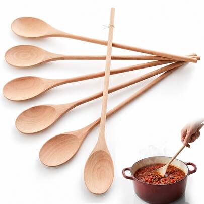 Shindel 6pcs Long Handle Wooden Cooking Spoons, 14 Inch Long Wooden Spoons Wooden Tasting Spoons Large Cooking Spoons