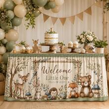 Welcome Baby Table Skirt, Forest Animal Print, Sage Green Polyester Tablecloth For Baby Shower, Gender Neutral Nursery Party, First Birthday, Dessert Table Decor And Forest Theme Celebration - A - View 4