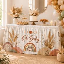 Oh Baby Bohemian Rainbow Moon Print Table Skirt, Neutral Baby Shower Party Polyester Tablecloth, Suitable For Gender Reveal, Welcome Baby Party, Dessert Table Decor And Bohemian Style Nursery Celebration - A - View 6