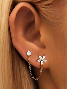 1pc S925 Sterling Silver Double Piercing Chain Flower Stud Earrings For Women, Delicate Niche Design, Sweet Elegant Luxury Style, Personalized Layered Wear, Fashion Daily Commute Date Gentle Atmosphere Accessory - Flowers - View 5
