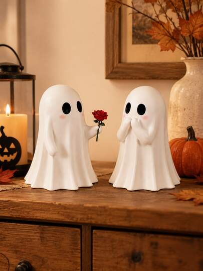 2pcs Cute Halloween Ghost Figurines, Romantic Ghost Couple With Red Rose, Spooky Tabletop Decor For Mantel, Bookshelf, Entryway, Living Room, Halloween Party, Fall Home Decor And Couple Gift