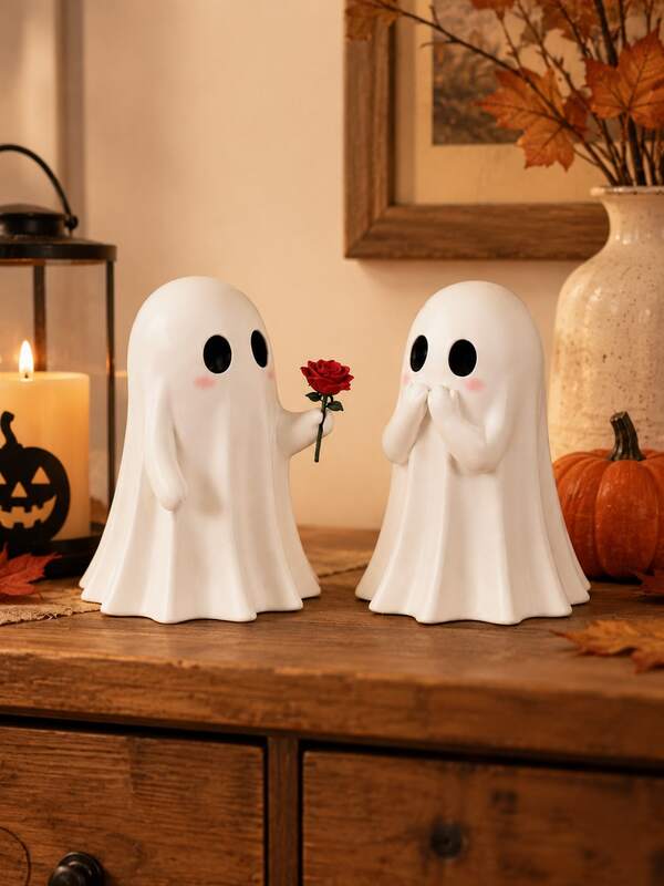 2pcs Cute Halloween Ghost Figurines, Romantic Ghost Couple With Red Rose, Spooky Tabletop Decor For Mantel, Bookshelf, Entryway, Living Room, Halloween Party, Fall Home Decor And Couple Gift