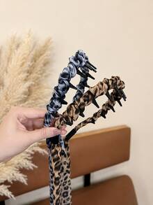 Leopard Print Ribbon Headband With Teeth Non-Slip Braided Hairband Vintage French Hair Accessory For Women - Multicolor - View 4