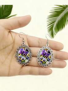 Pendientes colgantes ovalados vintage con flores azul y blanco, pendientes colgantes de filigrana floral de plata antigua, joyería de declaración elegante de esmalte para mujeres - Multicolor - Ver 2