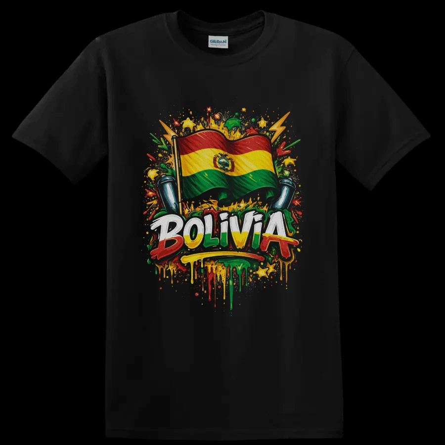 Camiseta con la Bandera de Bolivia y Salpicaduras de Pintura de Graffiti, Arte Urbano Patriótico, Idea de Regalo - Negro - Ver 1