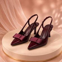 Women's Burgundy Patent Slingback Heels, Pointed Toe Grosgrain Ribbon Bow Accent, Flared High Heel Pumps For Special Occasions - Bordeaux - View 2