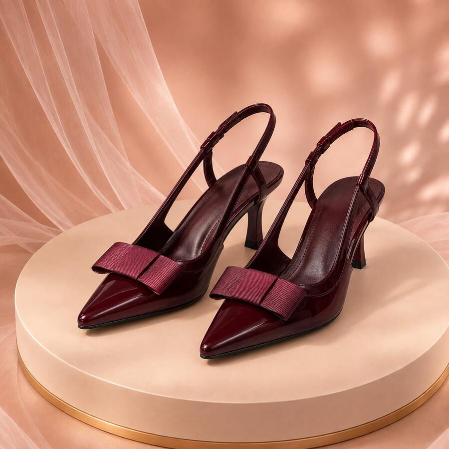 Women's Burgundy Patent Slingback Heels, Pointed Toe Grosgrain Ribbon Bow Accent, Flared High Heel Pumps For Special Occasions
