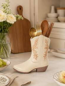 1pc Western Cowboy Boot Shaped Utensil Holder, Vintage Cream Color Kitchen Countertop Utensil Organizer, Spoon Fork Chopstick Utensil Storage Bucket, Country Farmhouse Style Kitchen Decor, Western Home Decor, Kitchen Essentials - Multicolor - View 5