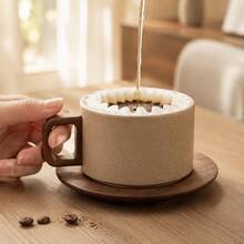 1pc Luxury High-End Ceramic Coffee Cup And Saucer Set, 250ml Straight Cylinder Design Latte Art Mug, Anti-Scald Mug With Exquisite Gift Box Set, Suitable For Home, Office, Gifting And More - Stoneware+Brown - View 4