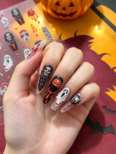 1Sheet 2026 New Halloween Ghost Face Nail Stickers, Dark Gothic Self-Adhesive Nail Decals DIY Manicure Jewelry Decor