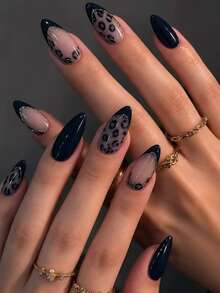 24pcs Medium Almond Shaped Press-On Nails, Deep Blue French Tip With Leopard Print And Gold Line Accents, Glossy Full Coverage Fake Nails For Women And Girls, Daily Wear, Includes 1pc Jelly Glue And 1pc Nail File - Multicolor - View 6