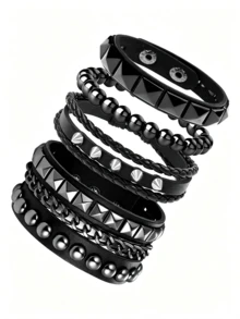 Rivet PU Leather Bracelet Set, Dark Punk Rock Style Wrist Accessory, Featuring Pyramid Studs, Round Rivets, Braided Rope, Chain And Skull Decor, Suitable For Music Festivals, Daily Street Wear And Gothic Theme Parties, Snap Button Adjustable For Multi-Style Layering To Create Cool Looks, Premium Holiday Gift For Lovers, Halloween Bracelet Accessory - Black - View 2