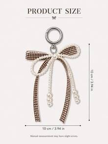 1pc Plaid Butterfly Faux Pearl Bow Keychain Bag Charm Decor, Minimalist Butterfly Design Phone Case Accessory - Coffee Brown - View 4