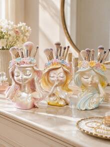 1pc Cute Girl Makeup Brush Holder, Resin Flower Crown Cosmetic Organizer, Kawaii Vanity Storage Cup For Makeup Brushes, Lipstick And Beauty Tools, Dresser, Bedroom, Bathroom Countertop, Desk Decor, Aesthetic Room Decor, Gift For Women And Girls - View 2