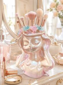 1pc Cute Girl Makeup Brush Holder, Resin Flower Crown Cosmetic Organizer, Kawaii Vanity Storage Cup For Makeup Brushes, Lipstick And Beauty Tools, Dresser, Bedroom, Bathroom Countertop, Desk Decor, Aesthetic Room Decor, Gift For Women And Girls - View 8