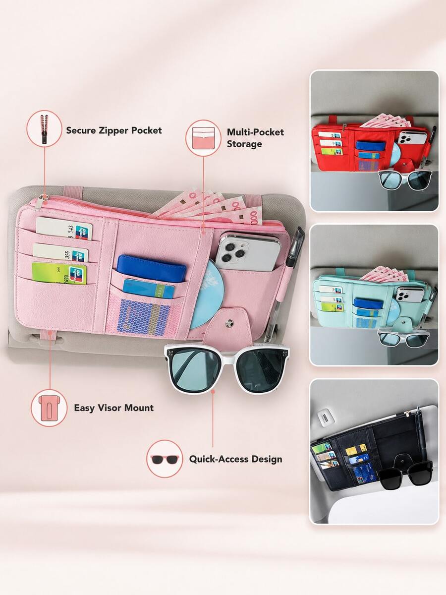 1pc Car Sun Visor Organizer Bag, Multifunctional Creative Minimalist Car Card Holder, Document Clip, Eyewear Storage Holder - Car Storage Clip - View 1