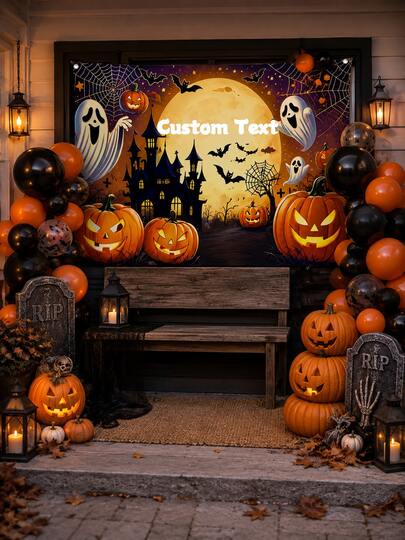 Multi-Size Customizable Text Fairy Tale Halloween Backdrop With Cartoon Ghost, Jack Pumpkin And Forest Elements, Soft Cute Ghost Pumpkin Kids Birthday Photo Prop, Family Halloween Party Wall Decor, Four Corner Metal Grommets With Hanging Rope For Easy Hanging, Home Autumn Party Photo Backdrop, Kids Halloween Birthday