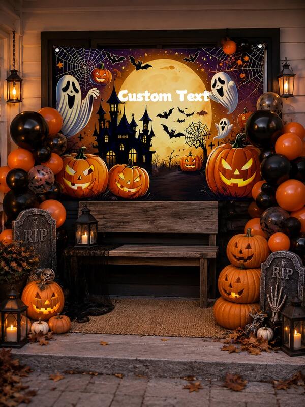 Multi-Size Customizable Text Fairy Tale Halloween Backdrop With Cartoon Ghost, Jack Pumpkin And Forest Elements, Soft Cute Ghost Pumpkin Kids Birthday Photo Prop, Family Halloween Party Wall Decor, Four Corner Metal Grommets With Hanging Rope For Easy Hanging, Home Autumn Party Photo Backdrop, Kids Halloween Birthday