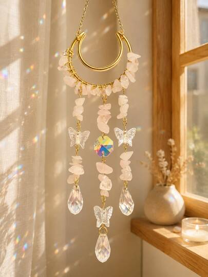 Atrapasol de Luna Creciente con Chips de Cristal Natural, Creador de Arcoíris, Adorno Colgante de Borla con Prisma de Cristal de Mariposa, Decoración Boho para Ventana y Balcón del Hogar, Regalo de Inauguración de Casa con Piedras Preciosas Curativas, Atrapasol, Creador de Arcoíris, Colgante de Ventana, Decoración de Balcón, Adorno de Interior