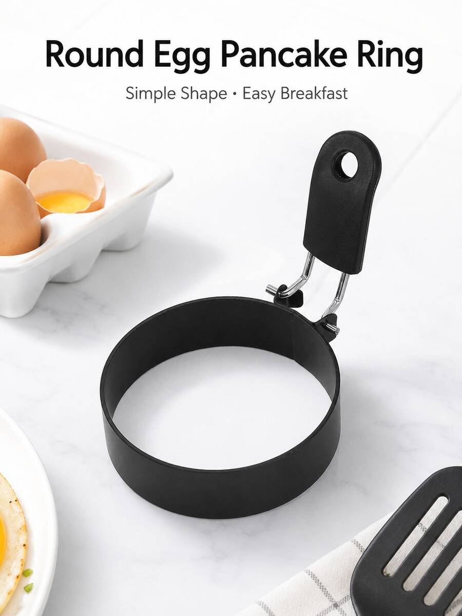 1pc Round Egg Pancake Mold With Foldable Handle, Easy Release, Suitable For Frying Eggs, Pancakes, Sandwiches, Home Kitchen Cooking, Brunch Meal Preparation, Daily Breakfast Tool - Multicolor - View 1
