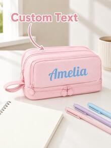 Personalized Name Pencil Case, Custom Text Large Capacity Double Layer Pen Pouch With Multiple Compartments And Carry Handle, Portable Stationery Organizer And Cosmetic Storage Bag For Women, College, Office, Travel, Birthday And Back To School Gift - Multicolor - View 4