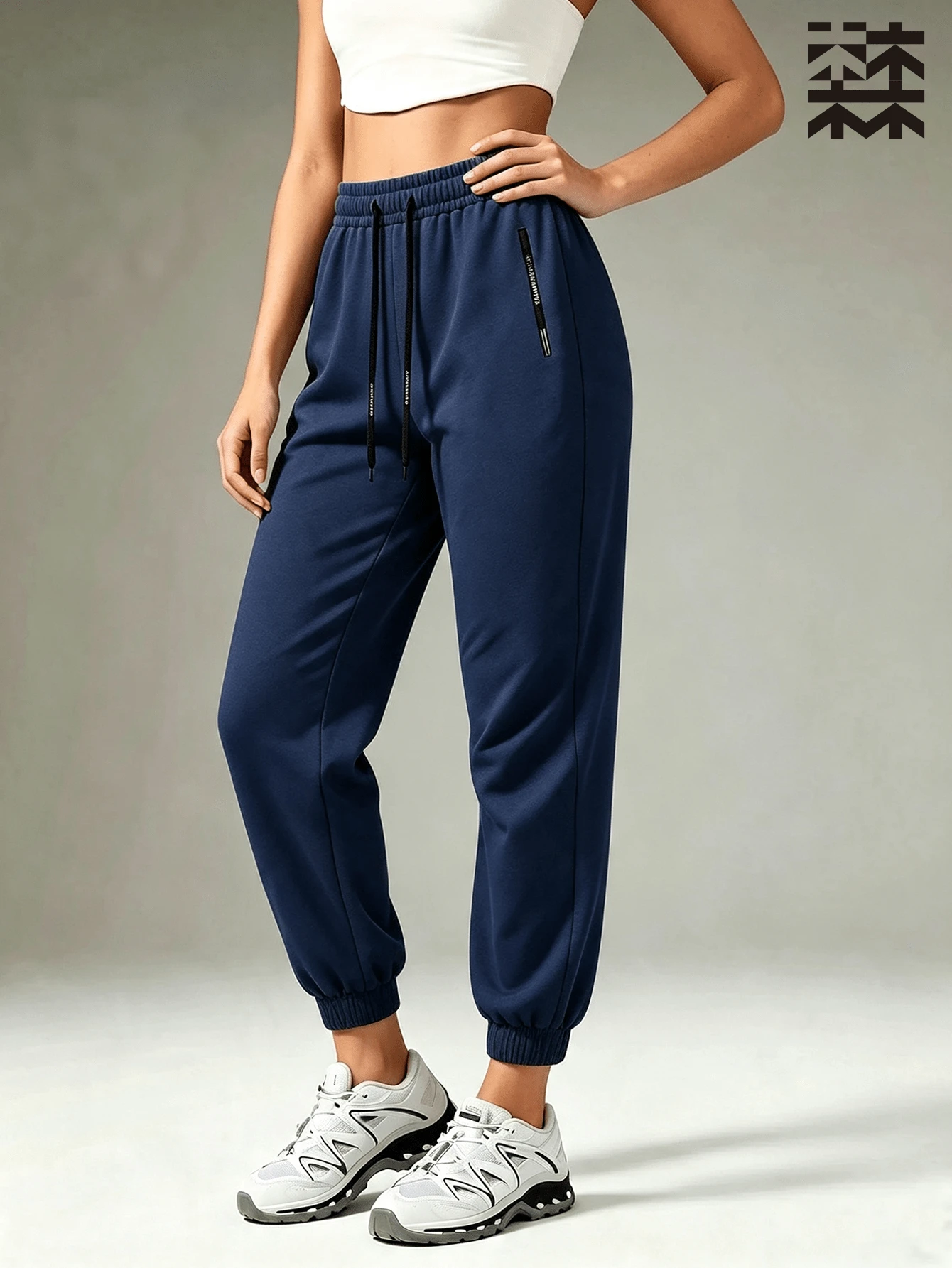 mulinsen Women's Cuffed Sports Long Pants, Double Drawstring Side Webbing Decor Loose Slimming Solid Color Casual Cuffed Pants, Suitable For Sports, Fitness, Commuting, Daily Wear - Navy Blue - View 1